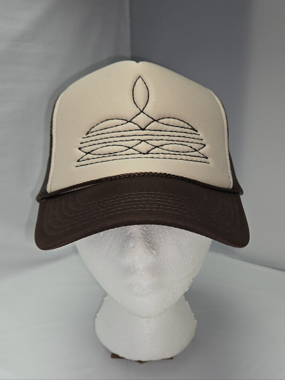 Otto Trucker Hat Western Boot Stitch Embroidered Design SnapBack Brown Mesh New
